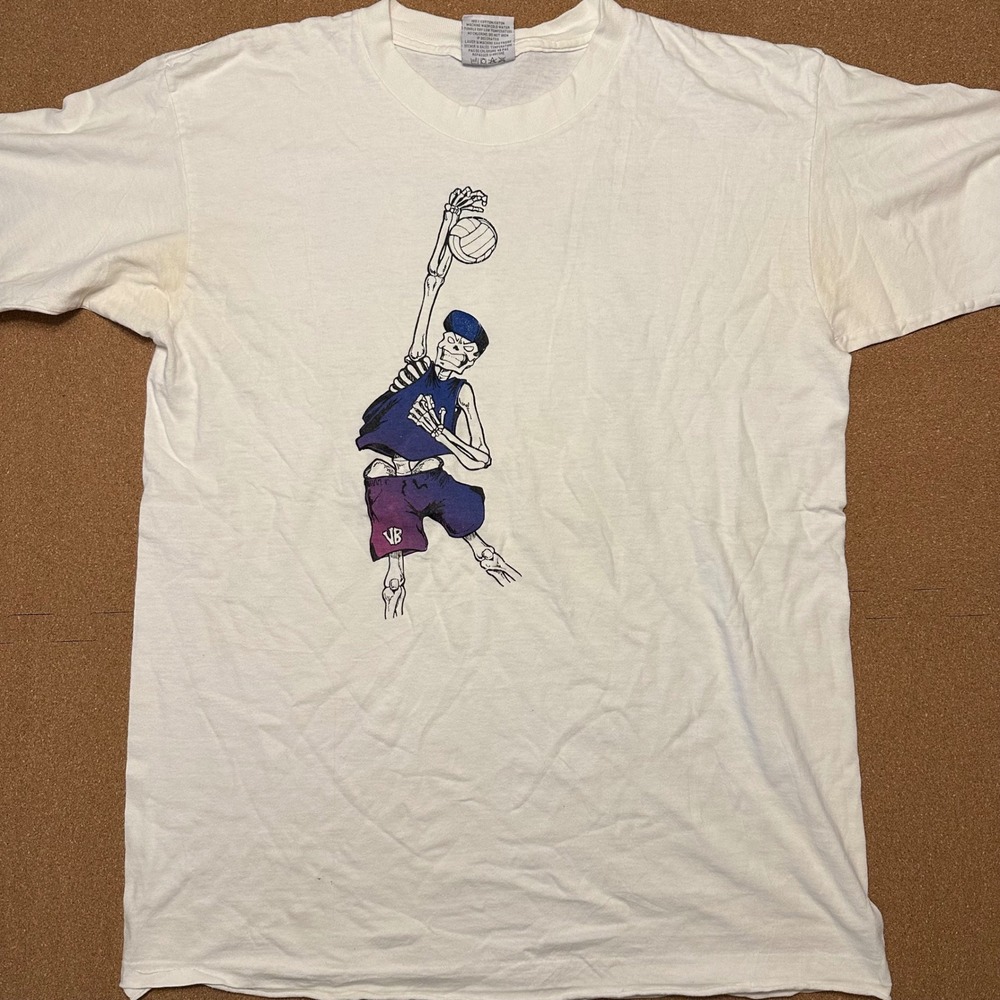 Gildan T-Shirt Mens L White Vintage 94 Volleyball Skeleton No Bones About It USA
